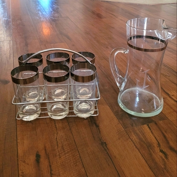 Vintage - MCM Dorothy Thorpe Highball Mercury Band Silver Glasses & Pitcher - Picture 1 of 4